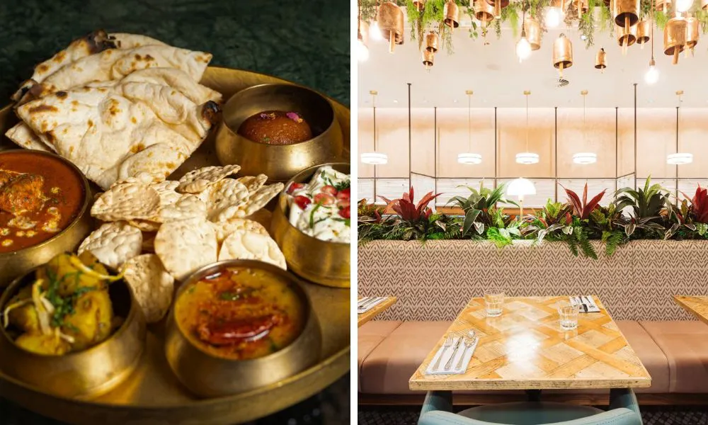 thali lunch with naan and dal and indian restaurant in shopping centre