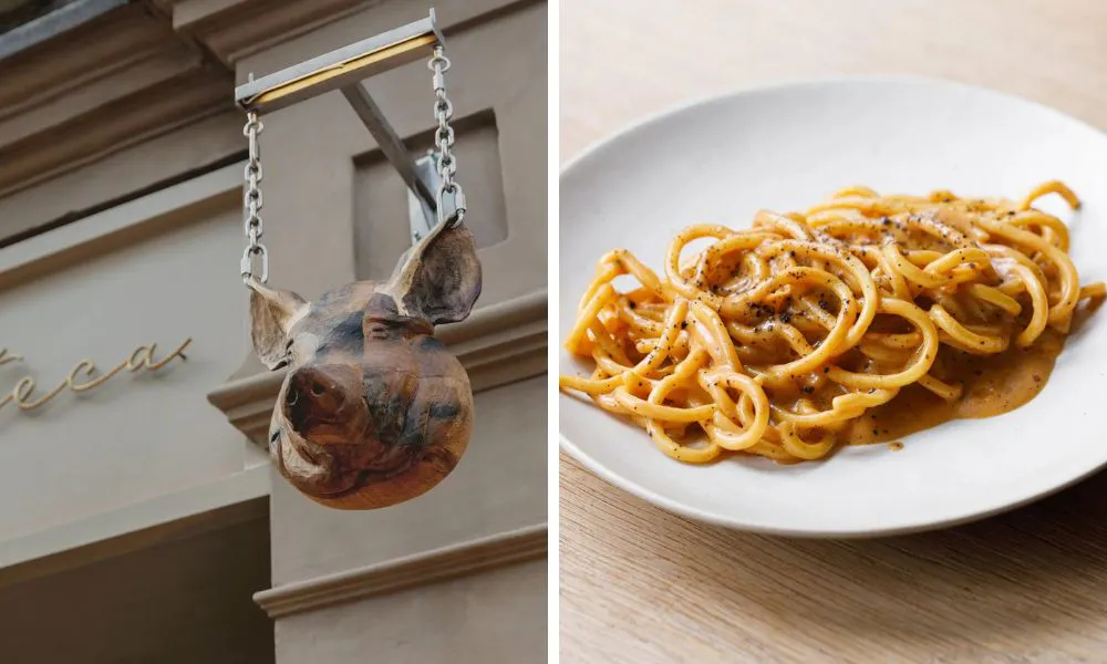 pigs head outside a restaurant and cacio e pepe pasta