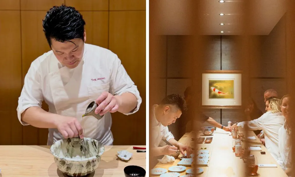 chef pouring sauce into bowl and omakase bar