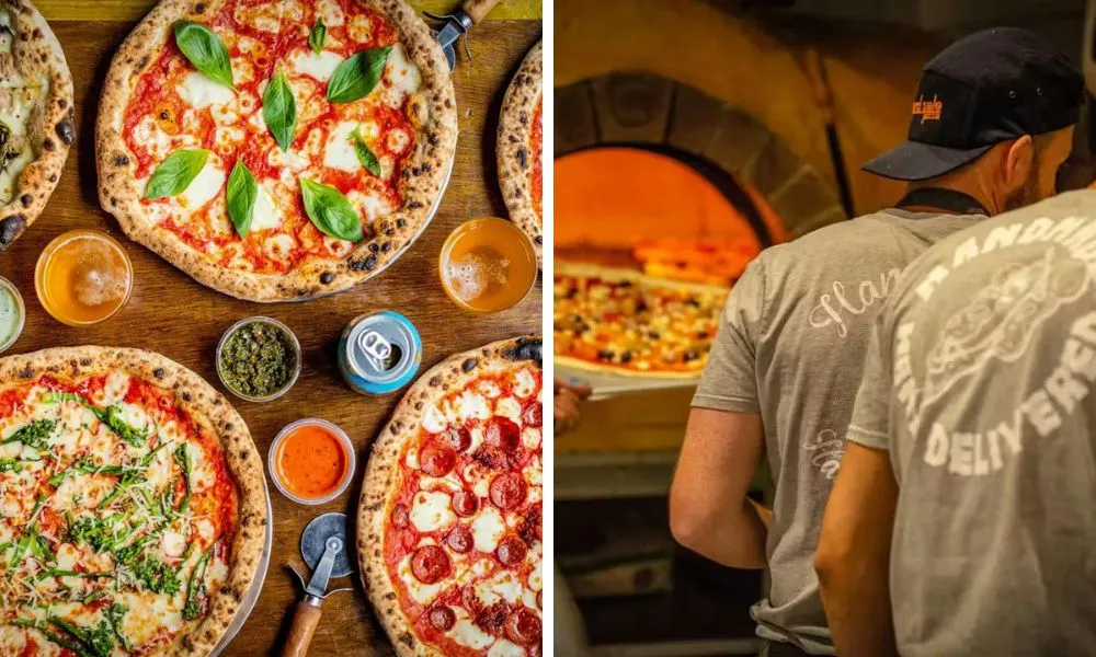 selection of pizzas and pizza chefs putting pizza in the oven