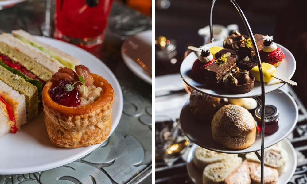 tea stand with sandwiches, vol au vent, and scones