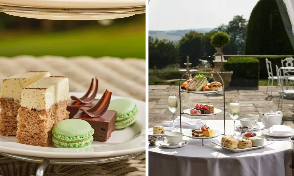 macarons, cakes and sandwiches on a terrace