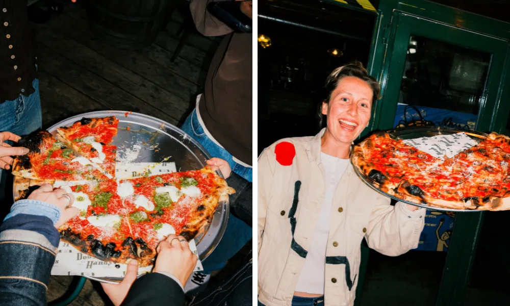Hannah Drye pictured holding a dough hands pizza