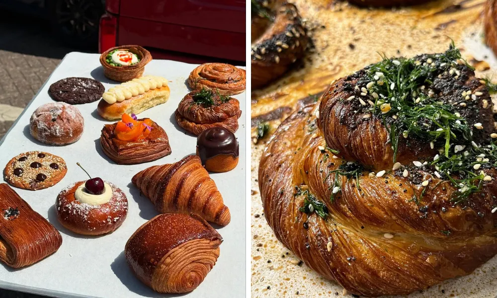 fancy pastries on a tray and a swirly croissant