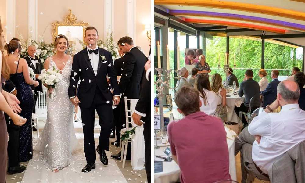 couple after ceremony and neon reception space
