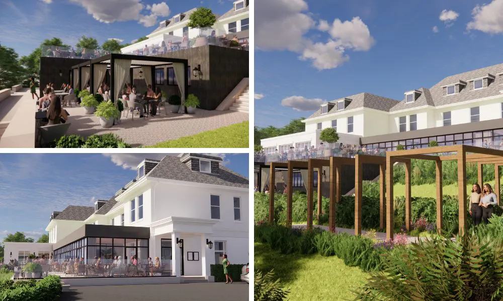 renders of the drinking and dining spaces at St Enodoc Hotel