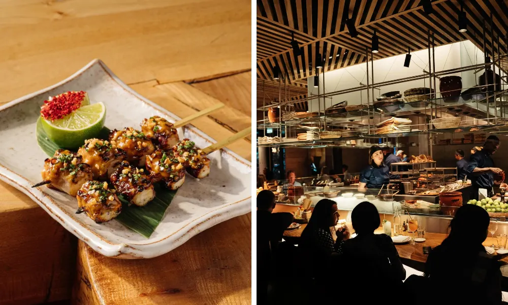 grilled chicken skewers at Roka and view of counter dining
