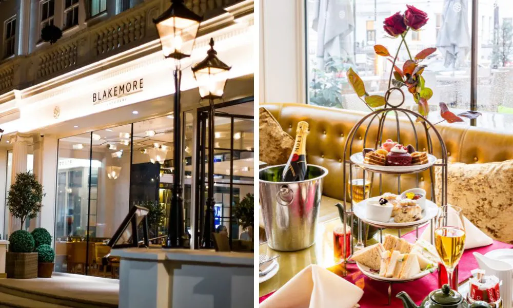 entrance to hotel and traditional afternoon tea with bottle of champagne