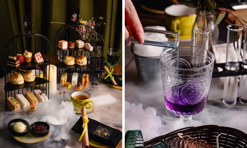 wizard themed afternoon tea with purple potion