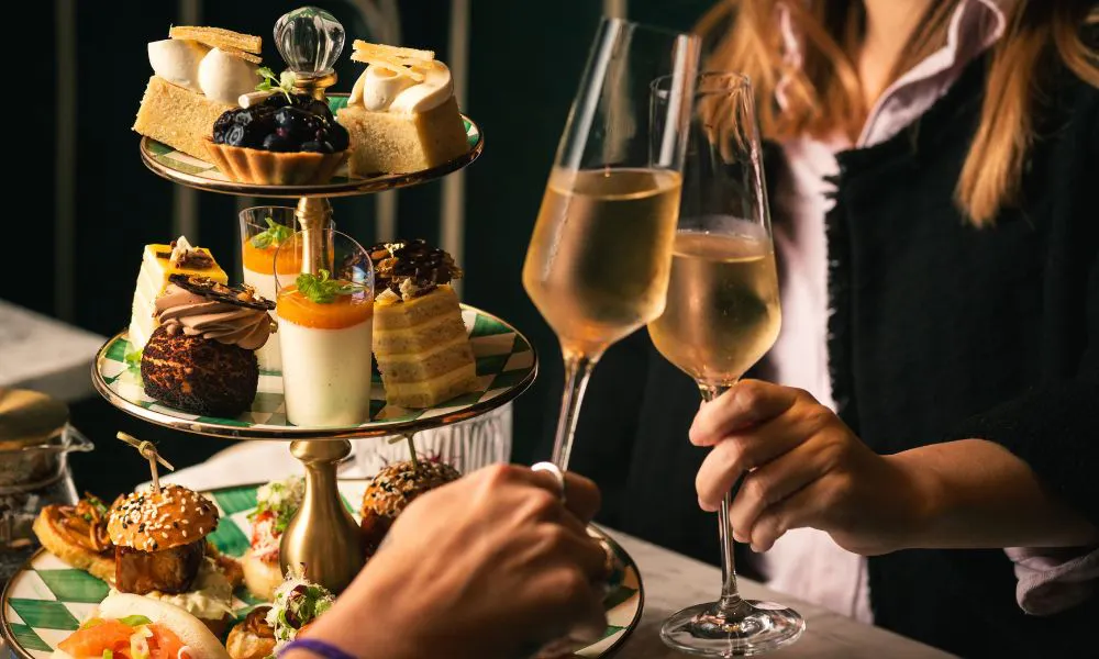 japanese inspired afternoon tea with flutes of champagne