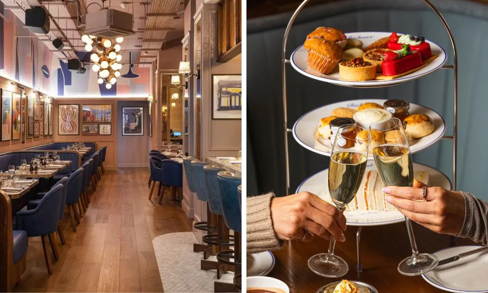 French brasserie inspired dining room and afternoon tea with champagne