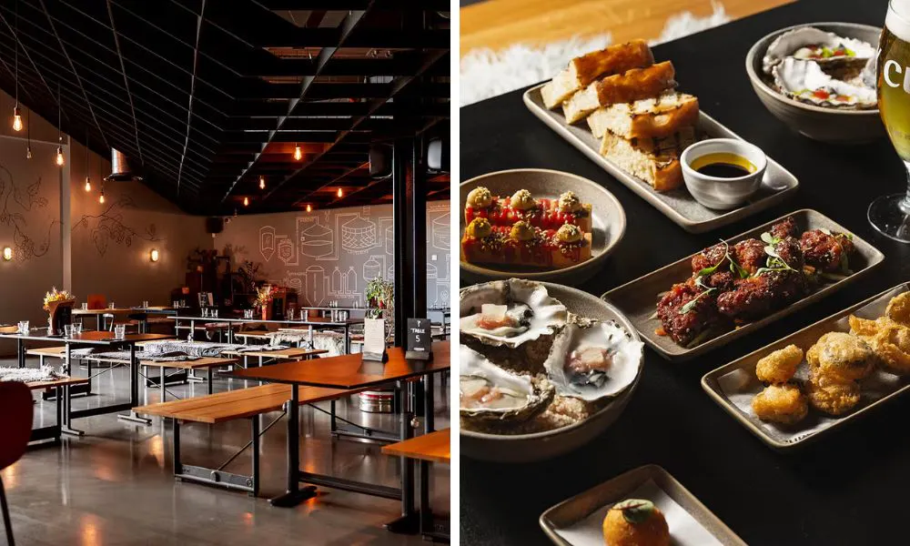 a minimalist restaurant with industrial features and bench seating, and a selection of small plates on a table