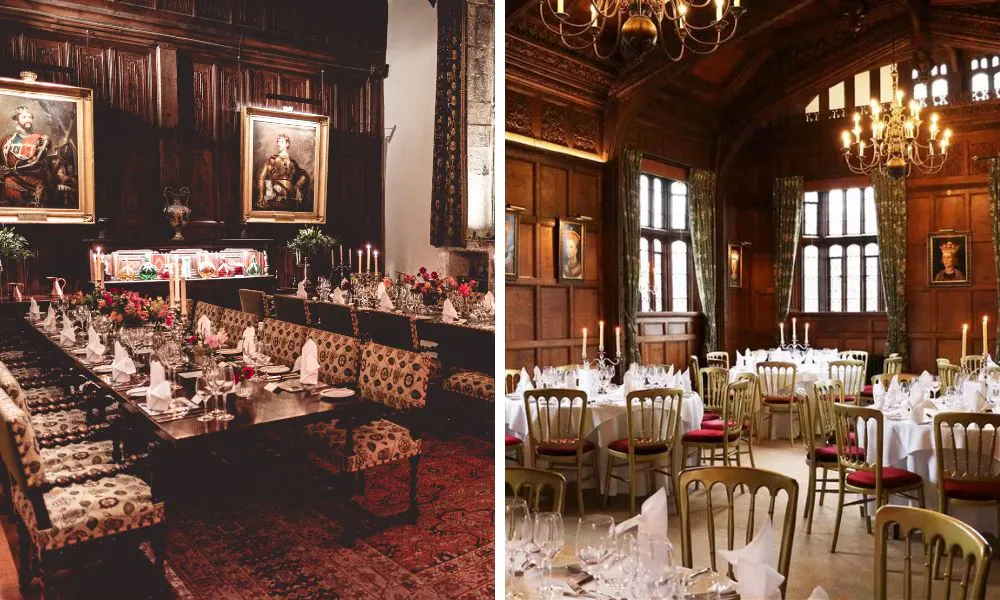 wood-panelled private dining rooms with ornate artwork and chandeliers