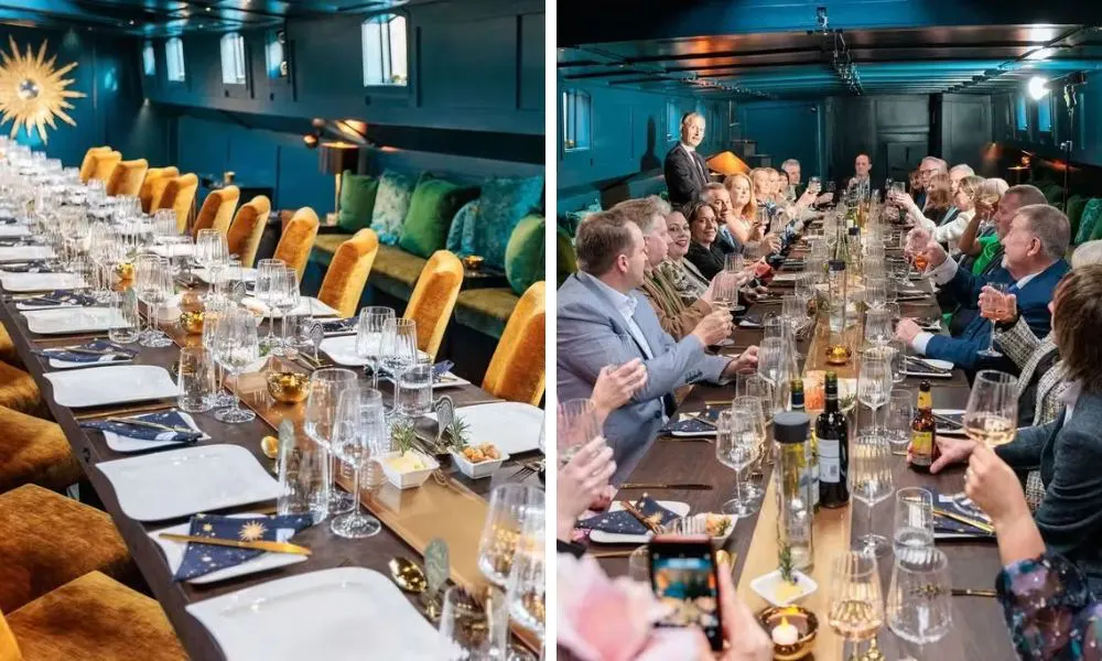 vibrant private dining room with teal walls and mustard velvet seats