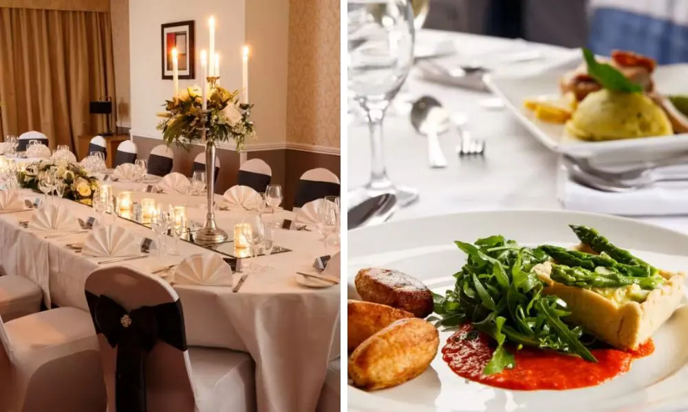 a white-clothed banquet table set up for a private dinner, and a vegetable-focued dish