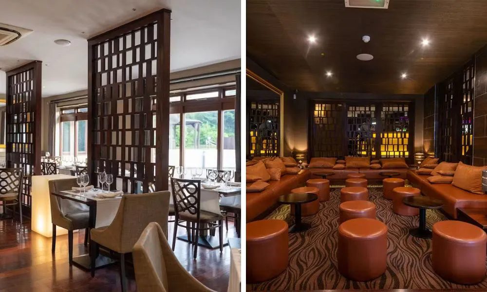 minimalist restaurant interiors with wooden partitions and brown leather seats