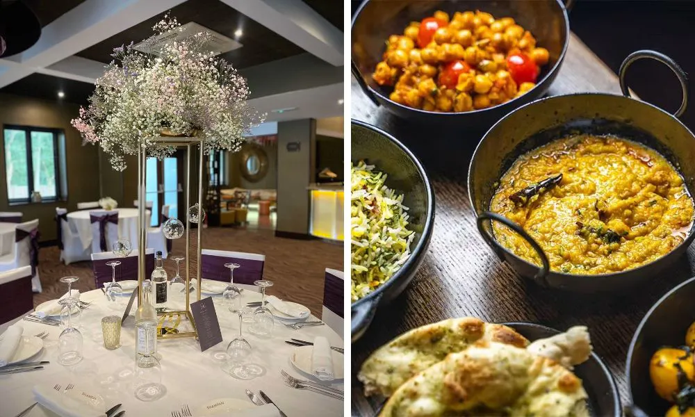 white-clothed circular tables set up for dinner, and a selection of small Indian dishes
