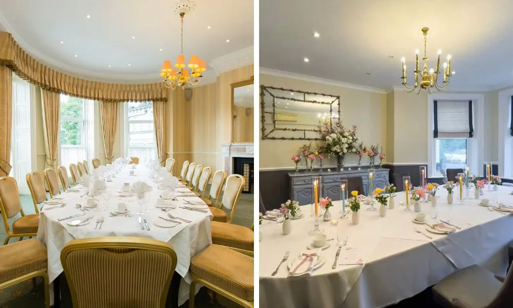 an elegant private dining room, with a white-clothed banquet table set up for a meal