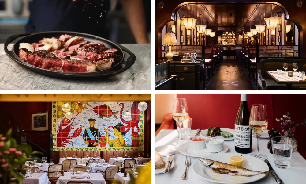 four images of steak dining rooms and albarinp
