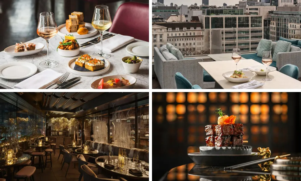 restaurant with a view, table filled with food