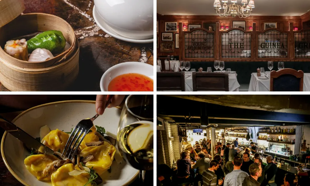 truffle pasta, dim sum, busy restaurant interior