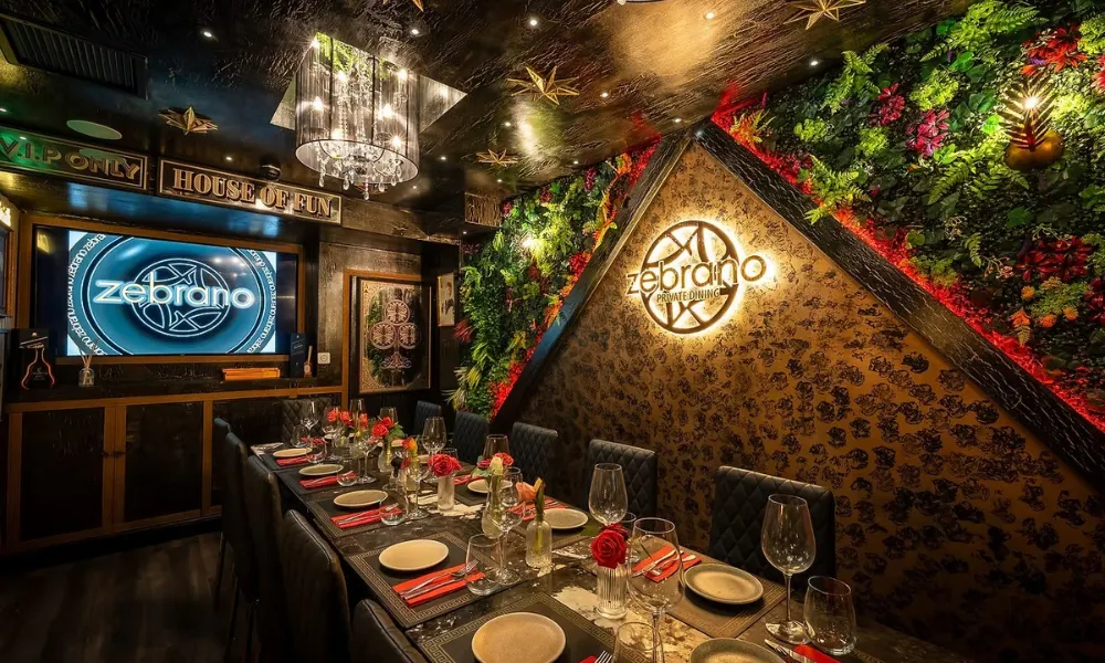 private dining room with leopard print