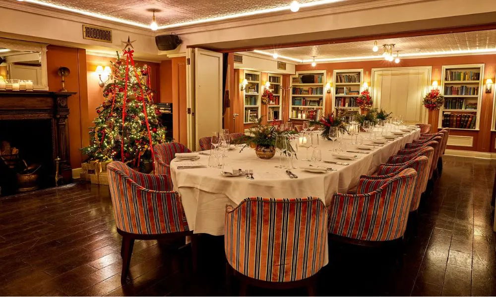 private dining room in restaurant with christmas tree