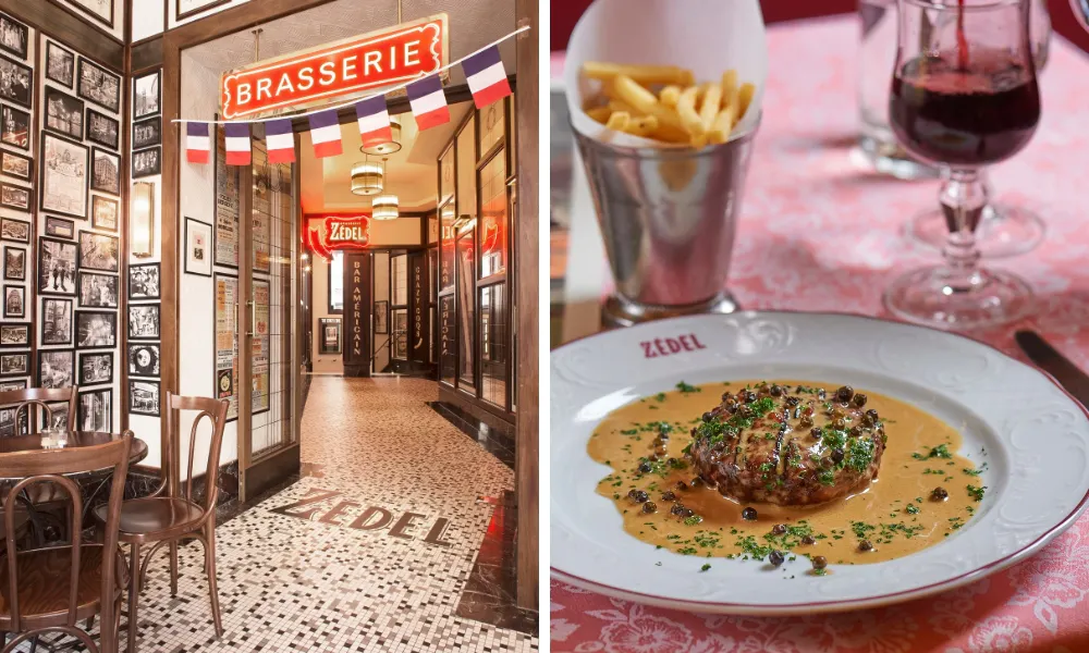 Nostalgic Parisian bistro entrance and steak frites