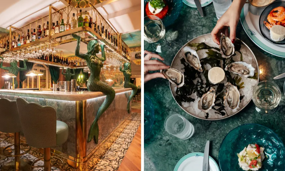 Kitch ocean themed dining room and tray of oysters