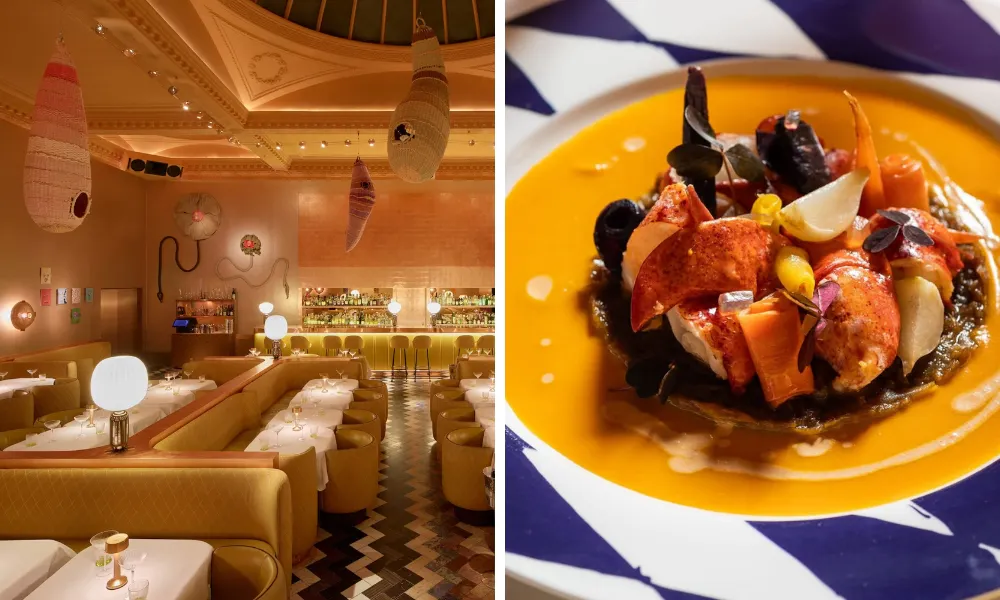 Yellow restaurant with lobster in a blue bowl