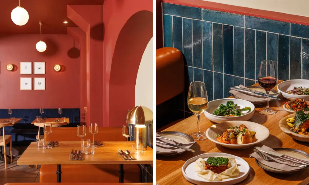 Deep pink restaurant interior and selection of plant-first plates