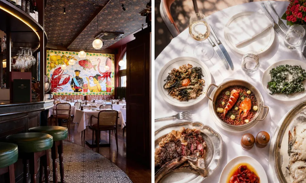 tile mural and table filled with basque food