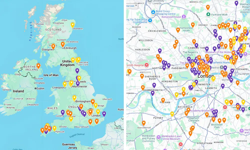 map with pins showing women-owned restaurants