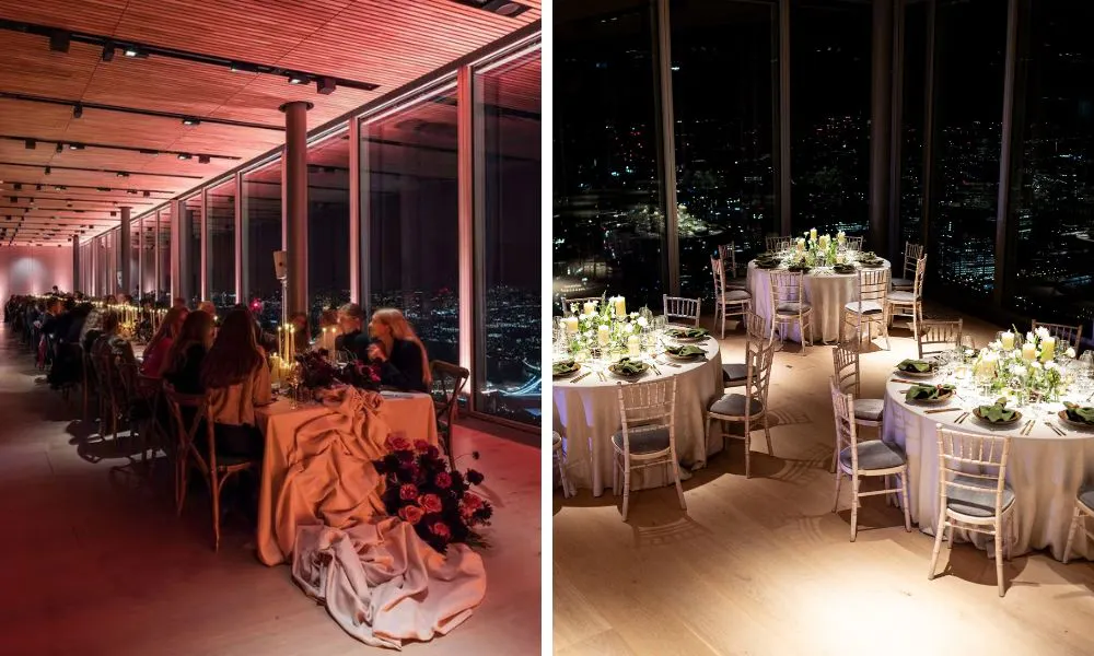 private dining room with view of london skyline with banquet and round tables