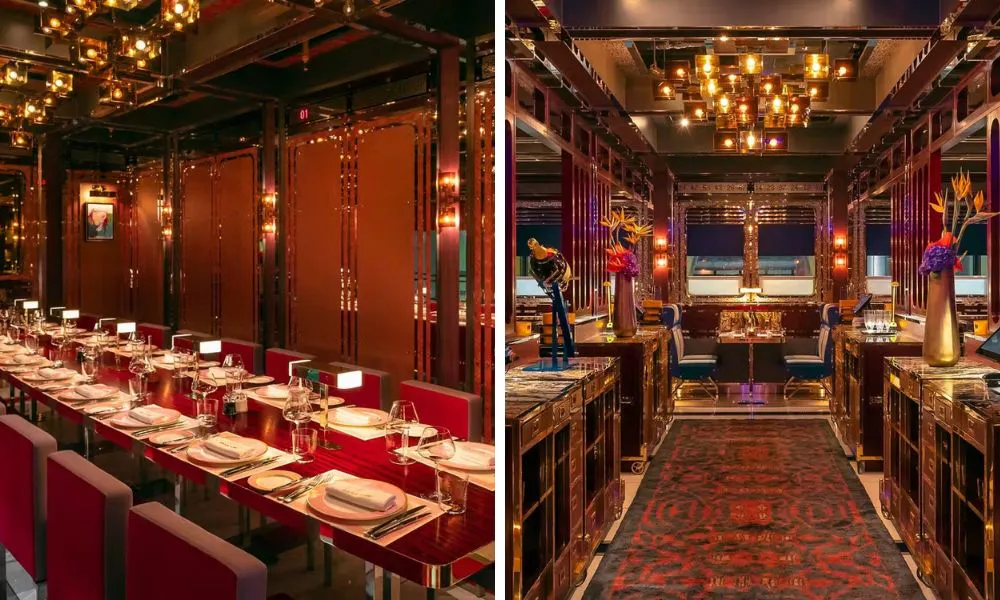 private dining spaces with mirrored walls chandeliers and red leather seats