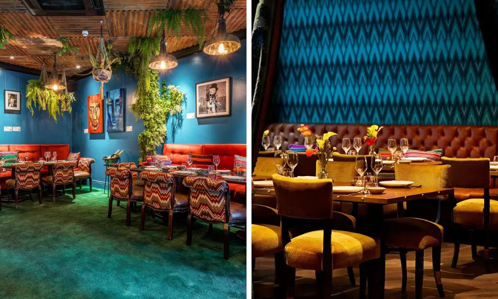 pisco bar and lounge area and semi private dining room with blue walls