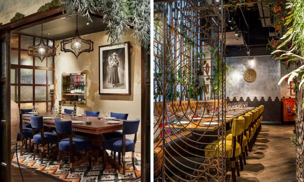 private dining room with banquet table and semi private dining space with yellow chairs