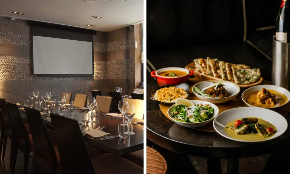 private dining room with TV screen and Indian sharing plates