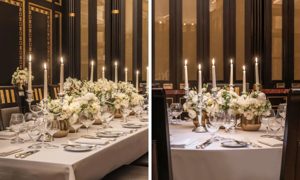 private banquet tables with floral centrepieces and candlesticks