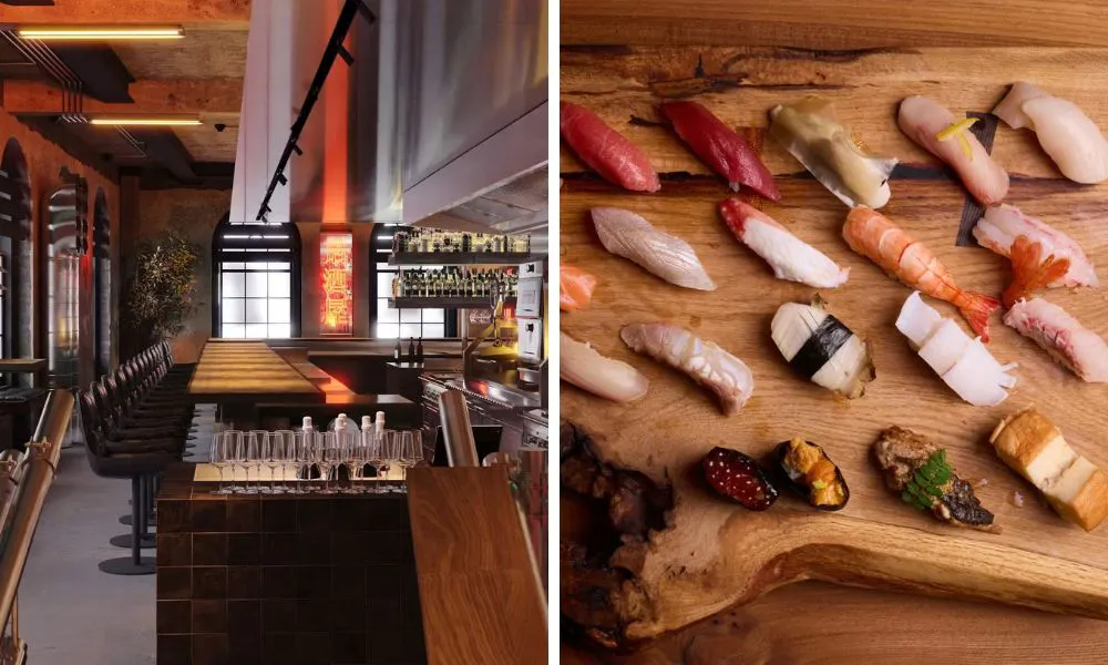 bar area in japanese restaurant and tray of sushi