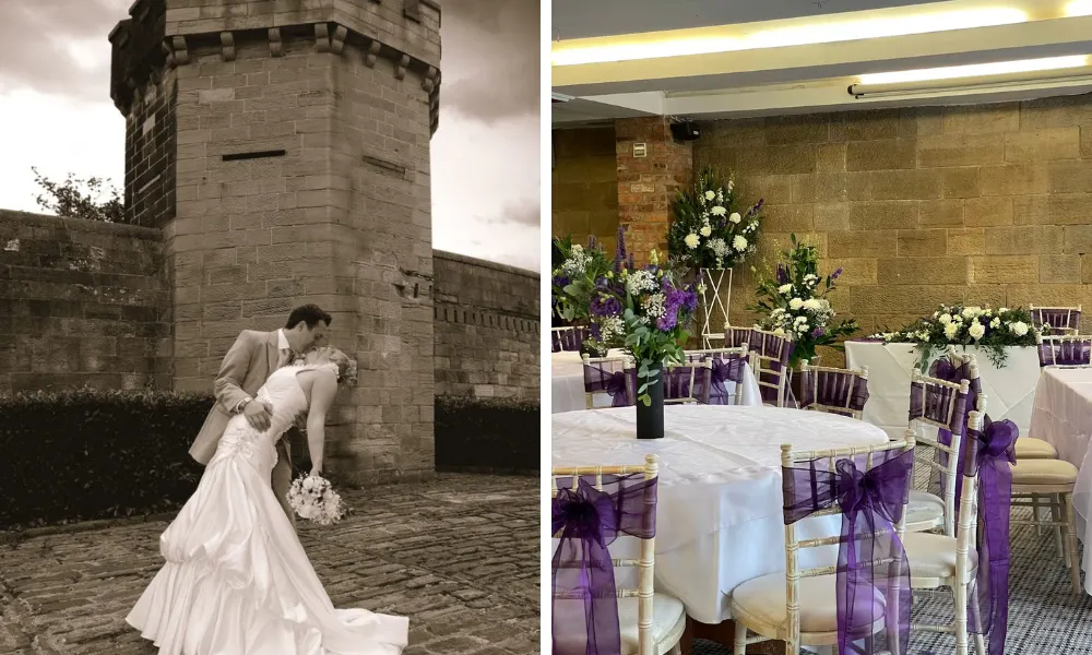 bride and groom in front of old tower at the garrison