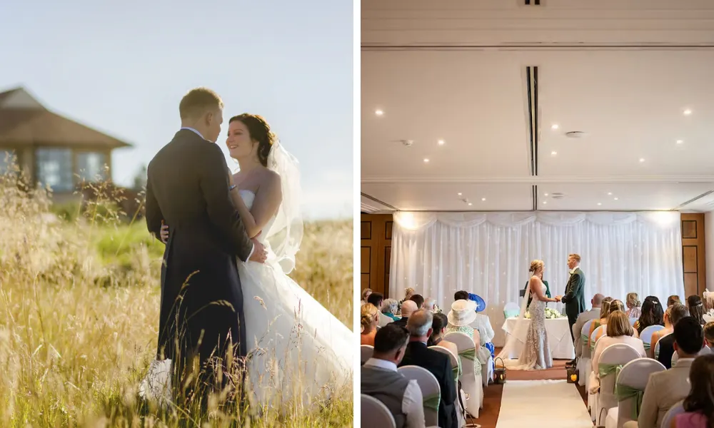 wedding couple standing in grass at oxfordshire golf club