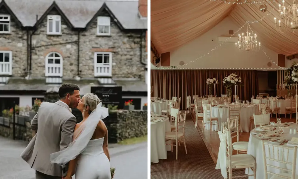 wedding couple in front of wolfscastle hotel