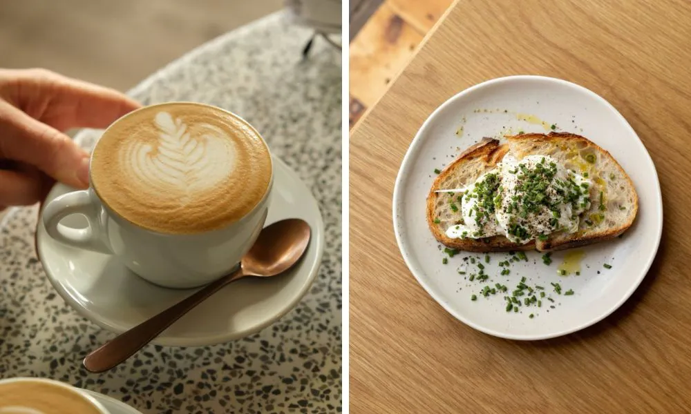 cup of coffee and sourdough toast with poached egg