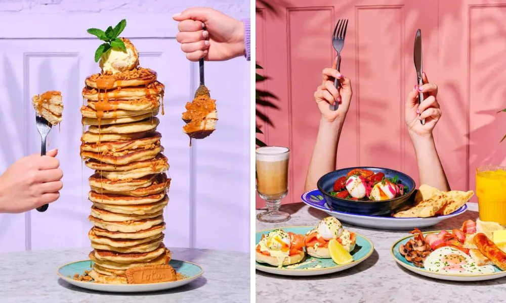 stack of buttermilk pancakes and brunch plates