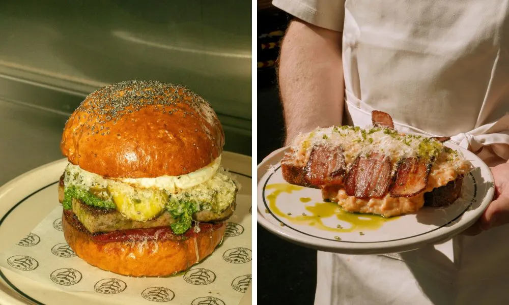 spiced lamb bun and scrambled eggs with bacon on sourdough