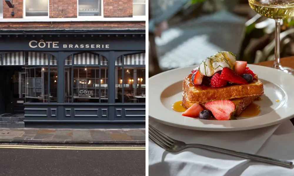 exterior of cote brasserie and french toast with berries and syrup