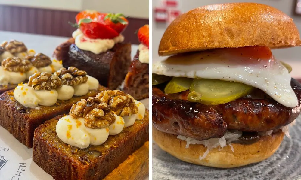 baked cakes and pastries and sausage and egg bun