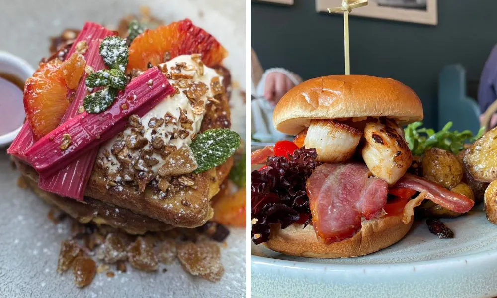 french toast with rhubarb and blood orange and scallop and bacon sandwich