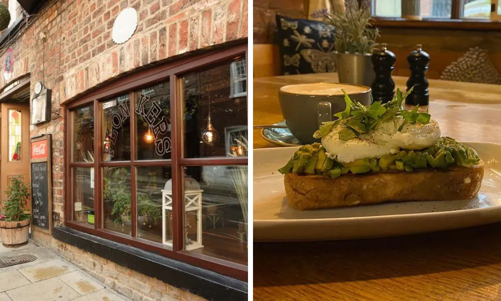 exterior of cafe and poached egg with avocado on toast